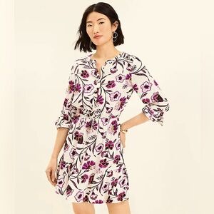 LOFT Botanical Tab Sleeve Button Flounce Dress NWOT
